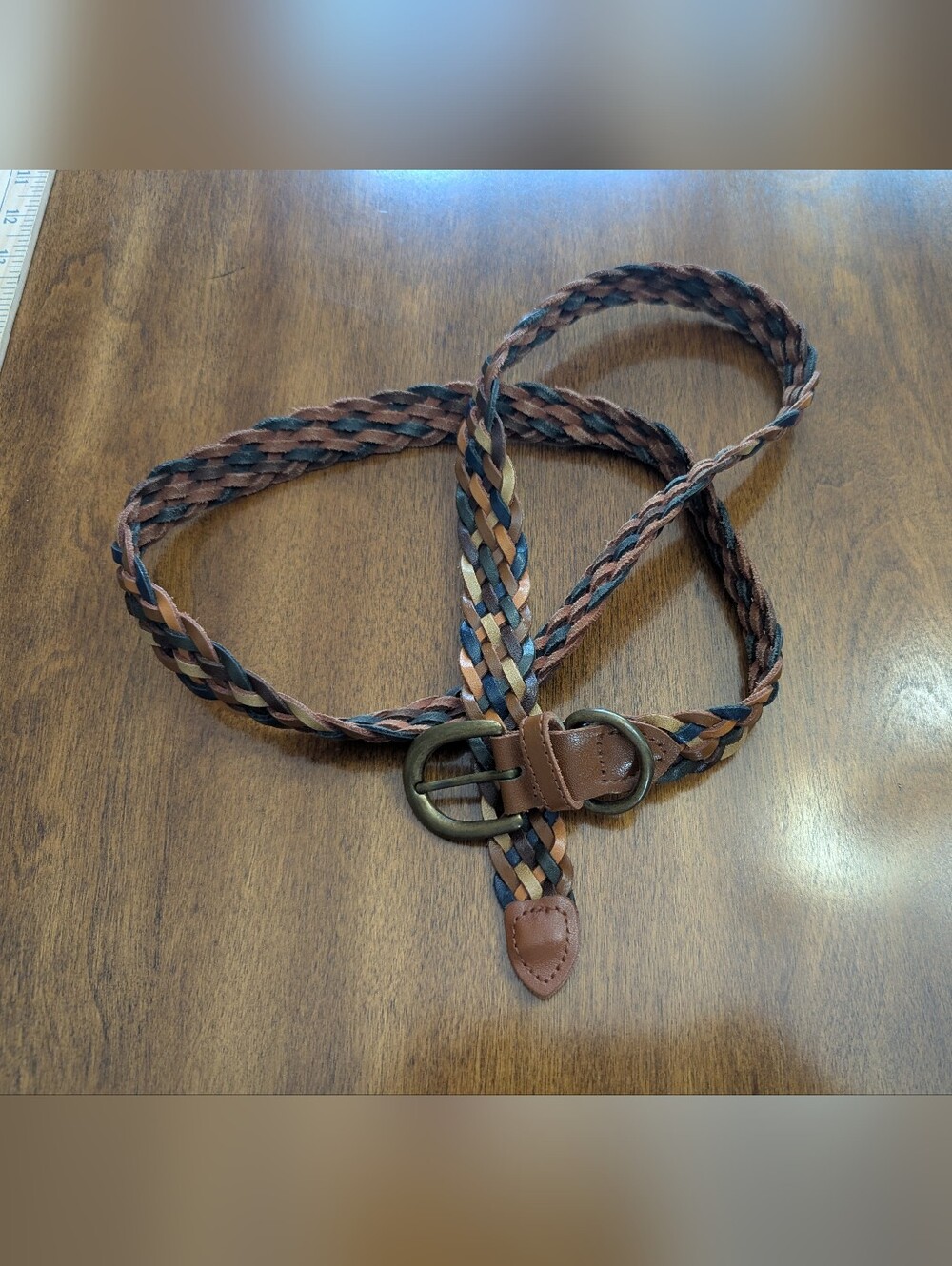 Vtg Genuine Leather Braided Multicolor Belt Size XXL brass buckle
